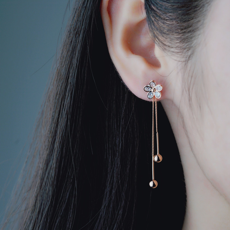 Simple scenery 925 sterling silver needle long temperament earrings female super fairy girl heart cherry blossom tassel ear needle exquisite