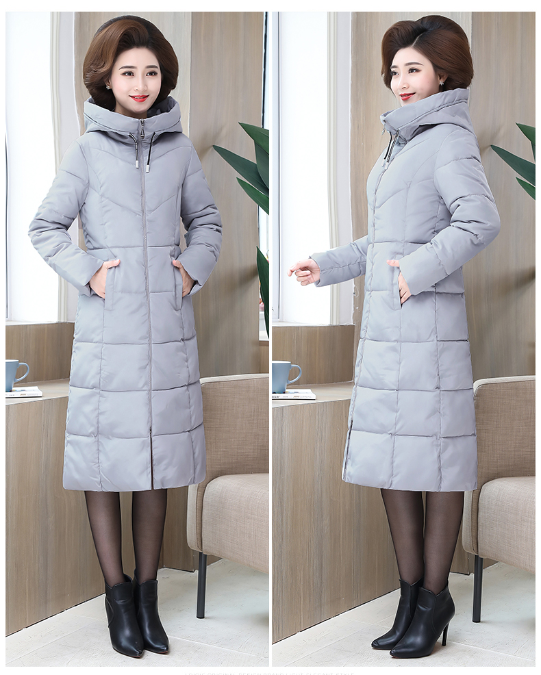 Áo khoác cotton mùa đông cho phụ nữ đầu gối dài trùm đầu của phụ nữ trung niên dày bông ấm áo khoác xuống áo khoác áo thun nữ trung niên