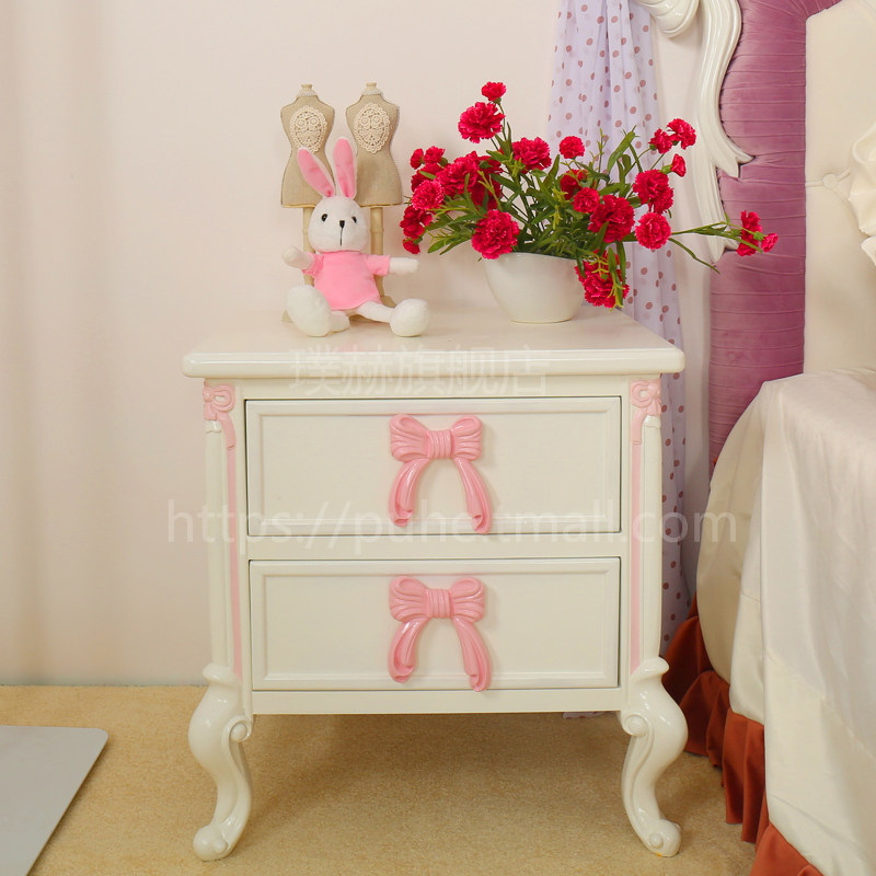 Eurostyle Brief Children Solid Wood White Baking Paint Pink Bedroom Girl House Princess Small Bed Head Cabinet Cute Containing Cabinet