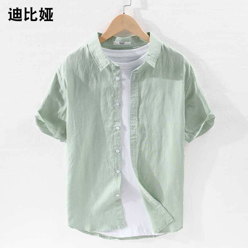 Dibeya Summer Solid Color Short-Sleeve 100% Pure Linen Shirt Men's Casual Linen Top Half-Sleeve Shirt Thin Style Y