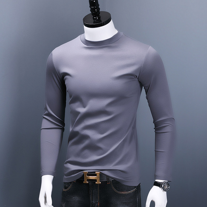 Mercerized cotton long sleeve T-shirt men plus velvet business trend cotton crew neck sweatshirt high-end solid color semi-high neck legging bottom shirt T
