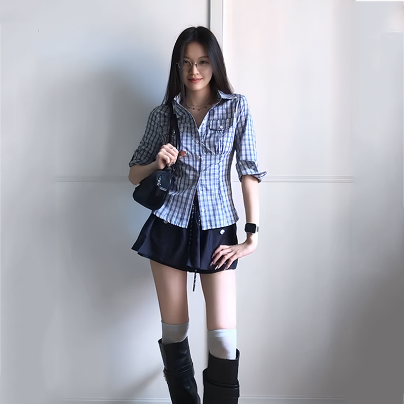 Korean-Style Preppy Style Cinched Waist Mid-Sleeve Plaid Shirt and Floral Skirt Jk Uniform Set for Summer Wear