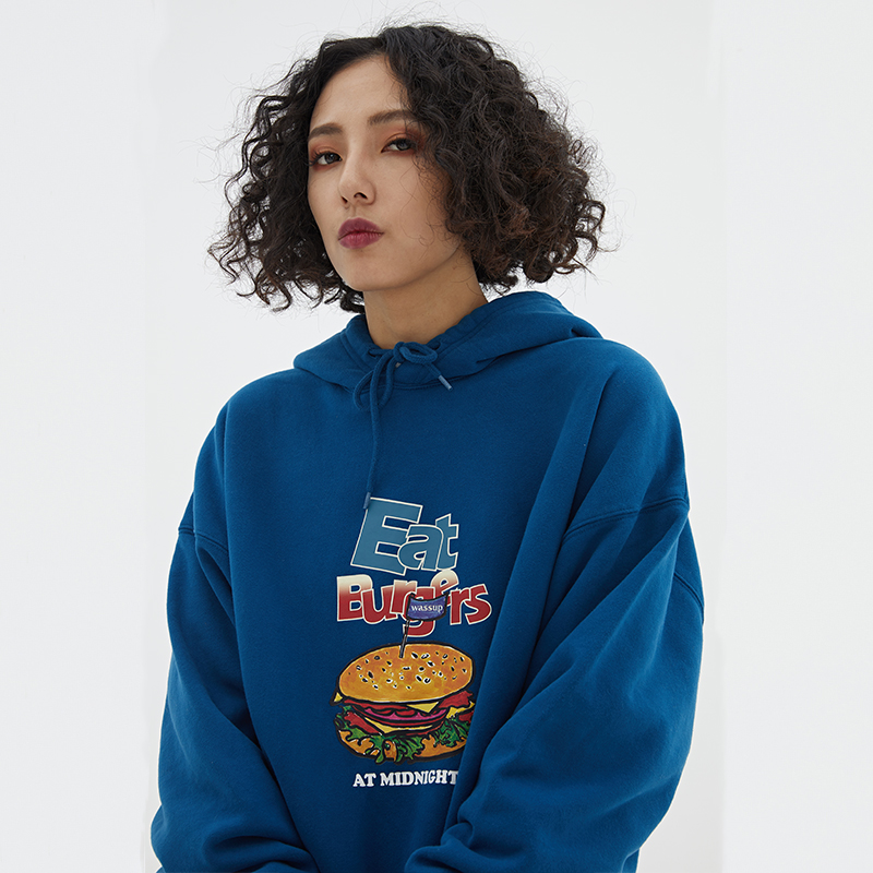 WASSUP autumn and winter new jacket I eat burgers in the middle of the night Retro hand-painted pullover hooded sweatshirt men and women