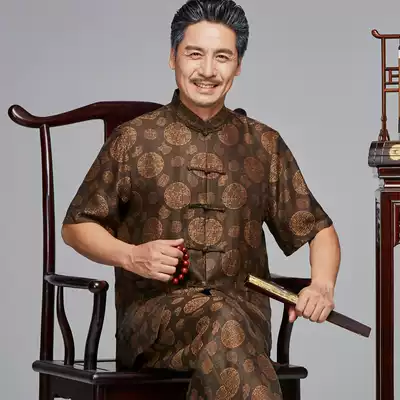 Xiangyun yarn men's suit short sleeve Chinese style silk father dress loose large size T-shirt mulberry silk grandfather summer clothes