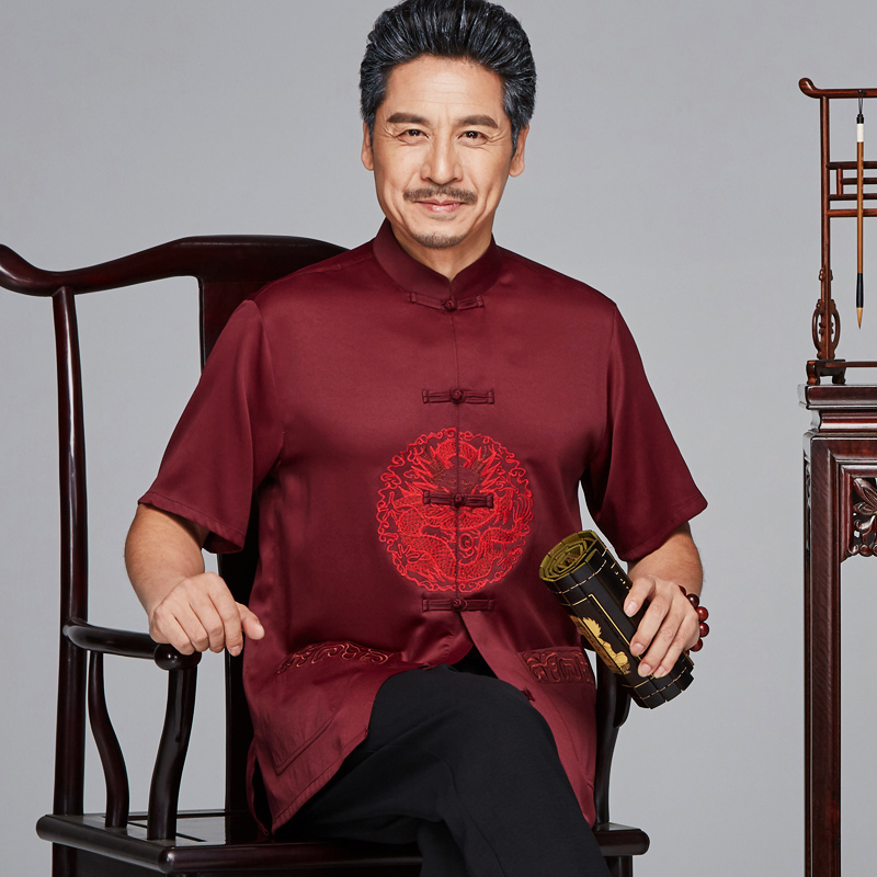 Tang suit male middle-aged and elderly Han suit Chinese style dad suit Summer silk short-sleeved old man birthday suit Grandpa suit
