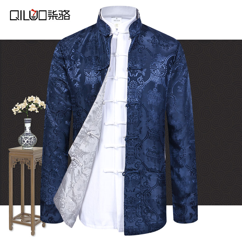 Tang Clothes Men's Mid Aged Spring Autumn Season Thin style Long sleeves Chinese double face wearing jacket China Wind Dad Clothing Silk Quality Men's Clothing