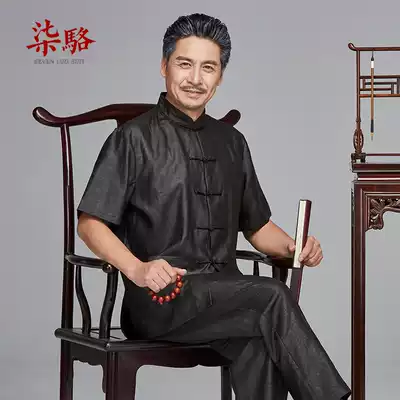 Middle-aged and elderly people Tang suit male fragrant cloud yarn mulberry silk short sleeve Chinese father dress old man grandfather summer loose clothes