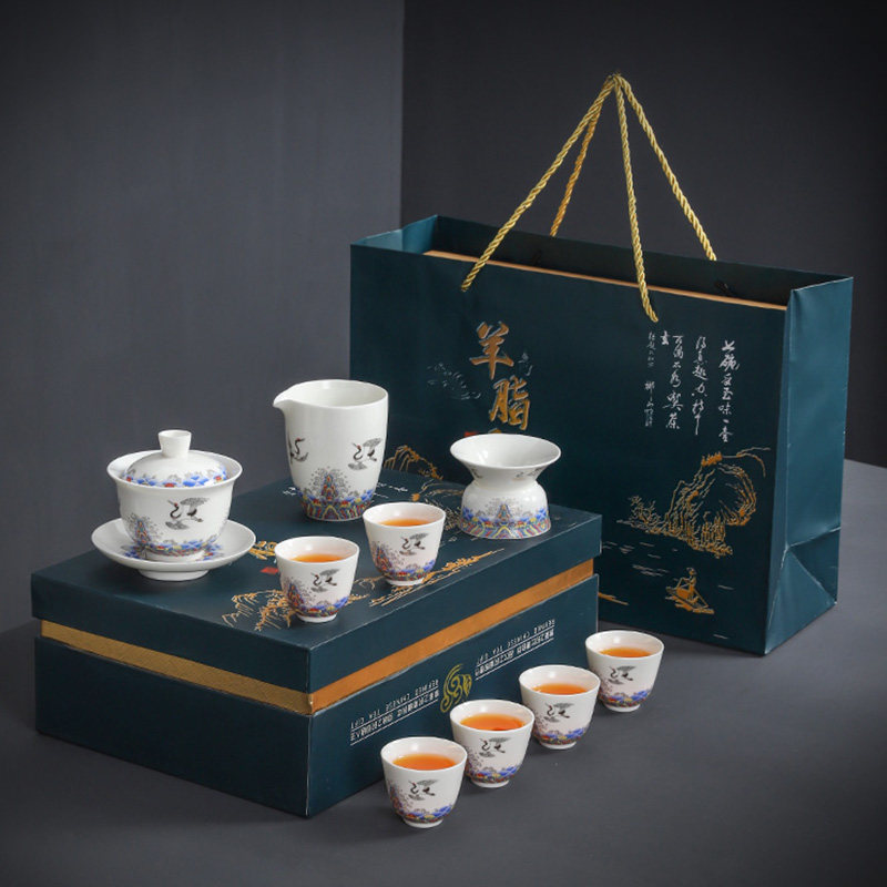 Defied White Sheep Fat Jade White Porcelain Fairy Crane Fu Tea Furniture Set Group Home Gift White Porcelain Tea Set Gift Box Set Logo