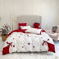 Girl heart 60 pieces satin strawberry embroidery plush cotton Princess wind cotton four-piece set bow cotton quilt cover