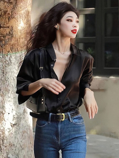 2025早秋新款黑色衬衫设计感高级时尚洋气缎面衬衣女小个子高品质