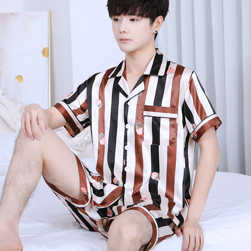 Mens mùa hè lụa băng pajama quần short ngắn tay thiết lập mùa xuân và mùa thu lụa mới quần áo nhà kích thước lớn dễ thương phiên bản Hàn Quốc.