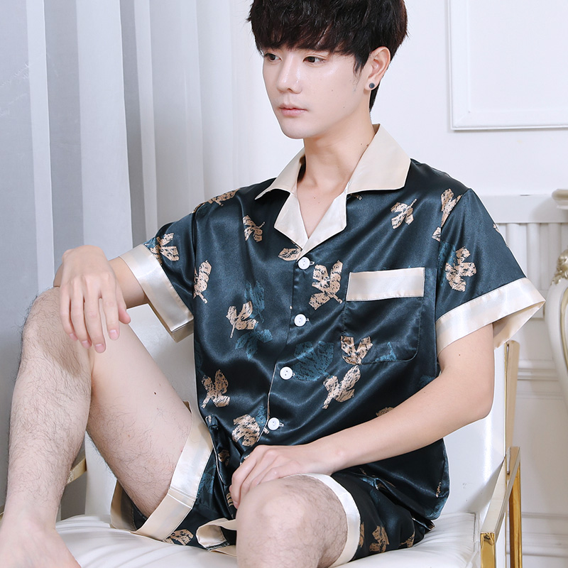 Mens mùa hè lụa băng pajama quần short ngắn tay thiết lập mùa xuân và mùa thu lụa mới quần áo nhà kích thước lớn dễ thương phiên bản Hàn Quốc.