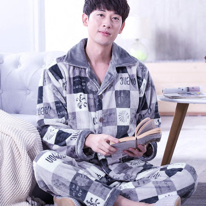 Mùa đông dày flannel pajamamens dài tay bộ mens nhung san hô cộng với nhung ấm mới mùa xuân và mùa thu quần áo về nhà.