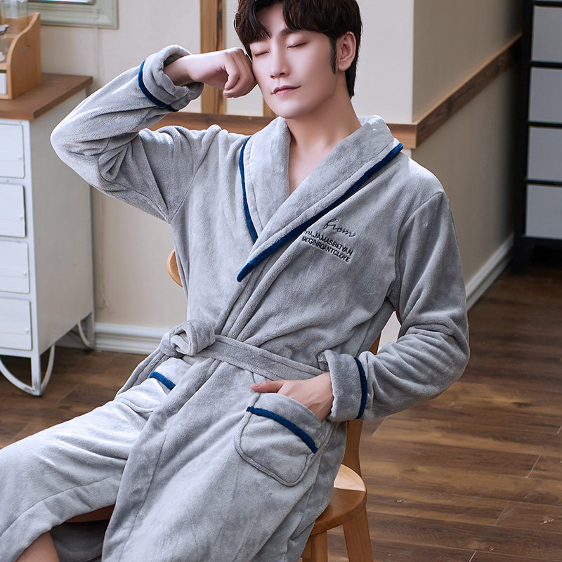 Autumn Winter Men's Thickened Coral Suede Sleeping Robes Long Version Lovers Pyjamas Women's Spring Autumn Flannel Suede Suit Bathrobe Home Clothes