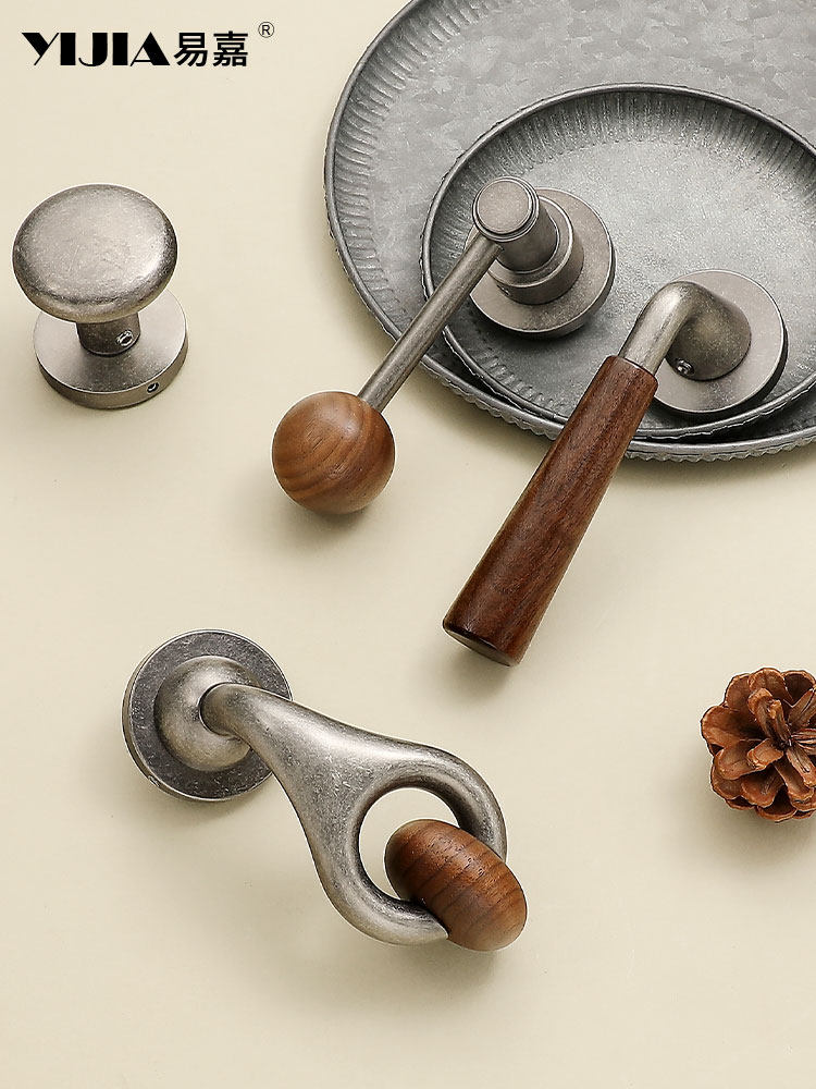 Medieval-Style Retro Silver Household Door Lock Indoor Bedroom Wooden Door Magnetic Silent Wabi-Sabi Style Solid Wood Door Handle