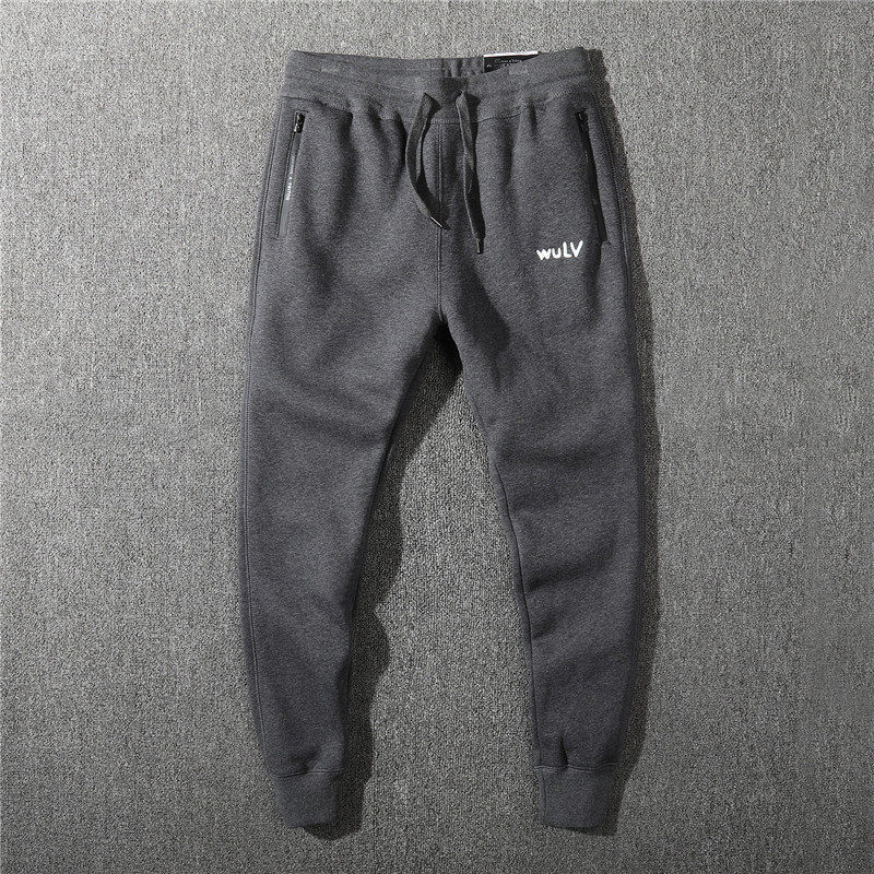 Autumn and winter men's new fleece warm zipper pocket sports pants plus fleece thick small feet pure cotton casual pants - Taobao