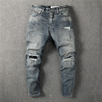 European and American retro heavy patch hole new street trendy men slim denim trousers old fashion Men