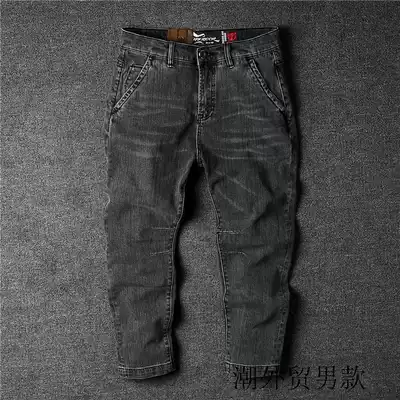 Foreign trade original single three-dimensional slim-fit cutting gray washed European and American summer men's nine-point jeans