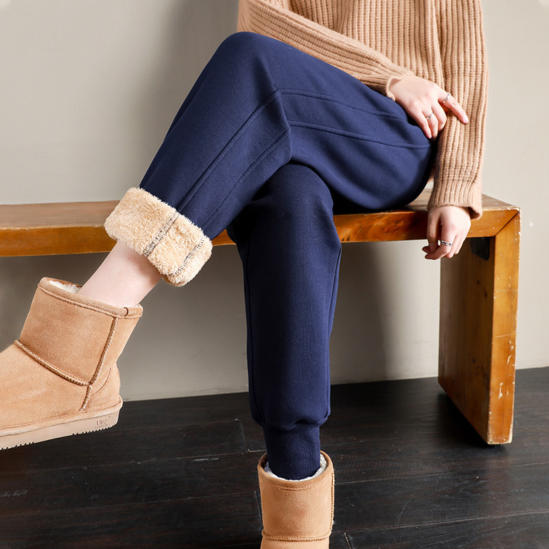 Sports pants women's autumn and winter plus velvet small thick outer wear imitation wool lamb velvet cotton pants casual Harlan Wei pants