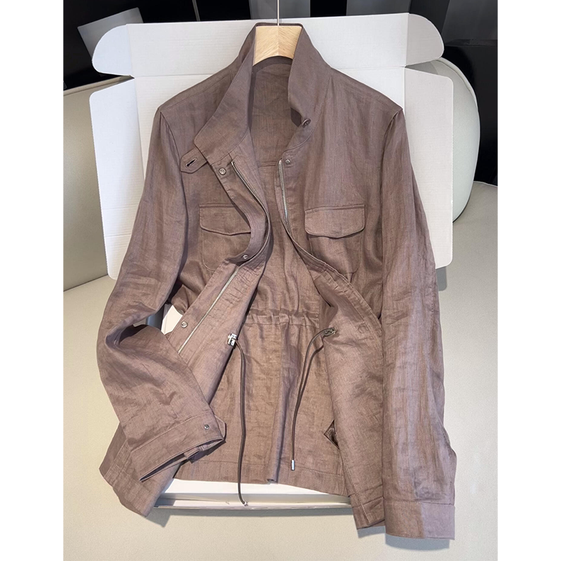 [Everyone Who Wears It Says It's Good] Brown Coffee-Colored Stand-Up Collar Classic Four-Pocket Zipper Jacket Spring and Summer Linen Cardigan