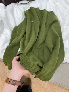 Hot style outfit! lazy style green round neck long sleeve soft waxy sweater for women autumn korean style versatile sweater