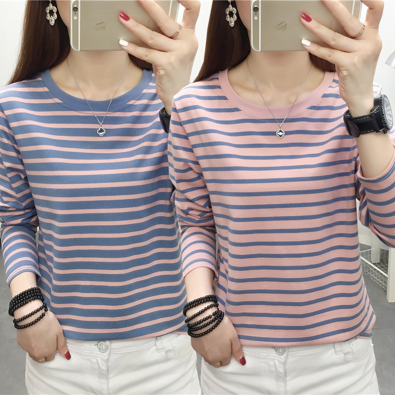 Striped Pure Cotton Long-Sleeved T-Shirt for Women, Early Spring and Autumn New Style, Middle-Aged Mother, Large Size, Loose, Slimming, Belly-Covering Base Shirt Striped Pure Cotton Long-Sleeved T-Shirt for Women, Early Spring and Autumn New Style, Middle-Aged Mother, Large Size, Loose, Slimming, Belly-Covering Base Shirt