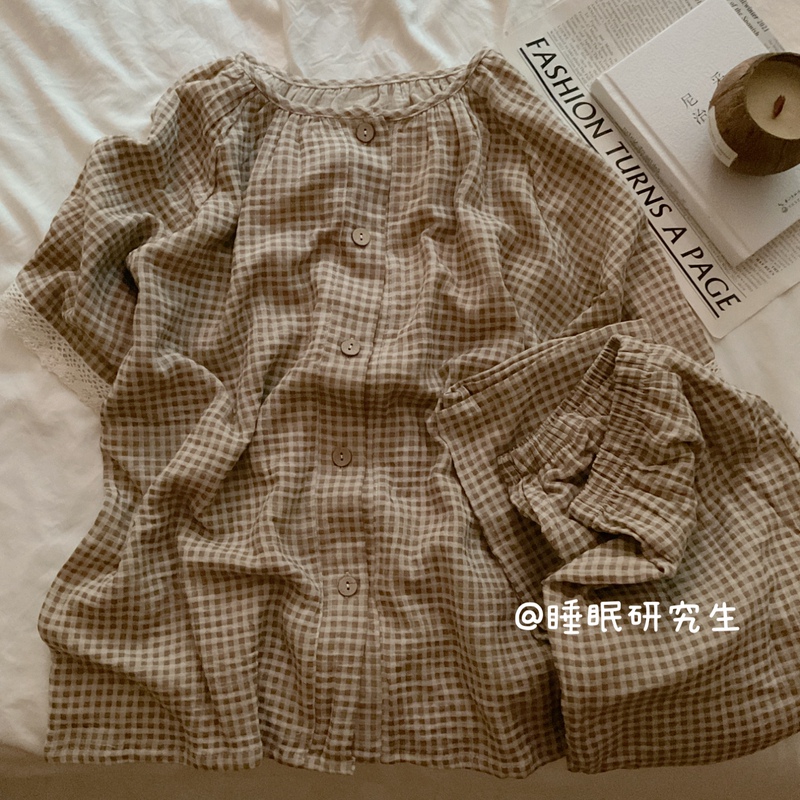 【Mocha Mousse】Autumn Women's Pajamas, Soft Material, Simple Japanese-Style Loungewear, Pure Cotton, Fresh Short-Sleeve Long Pants