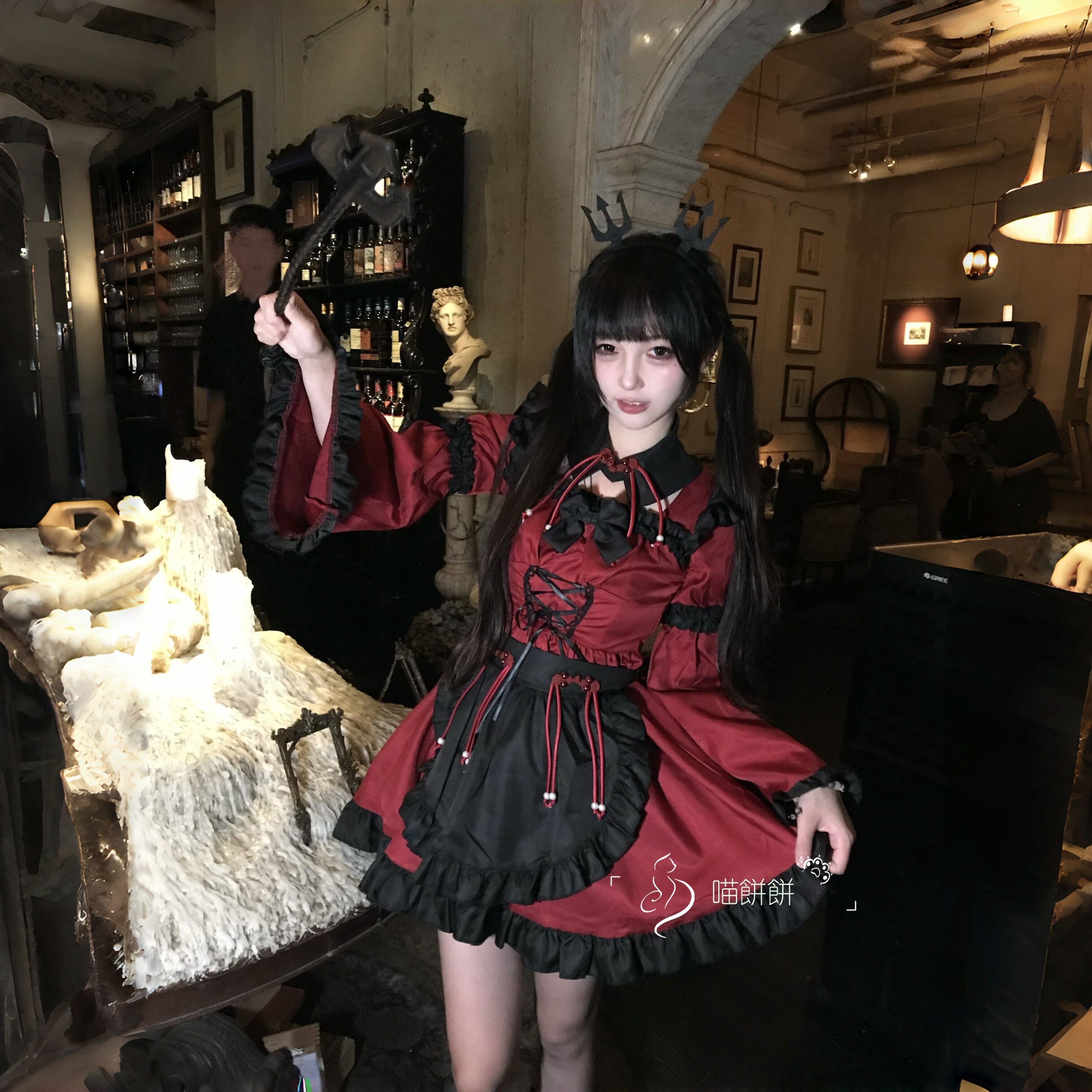 Meow Biscuit: Gothic Lolita Maid Outfit, Cute Black and Red Long-Sleeved Cosplay Little Devil Halloween Dress