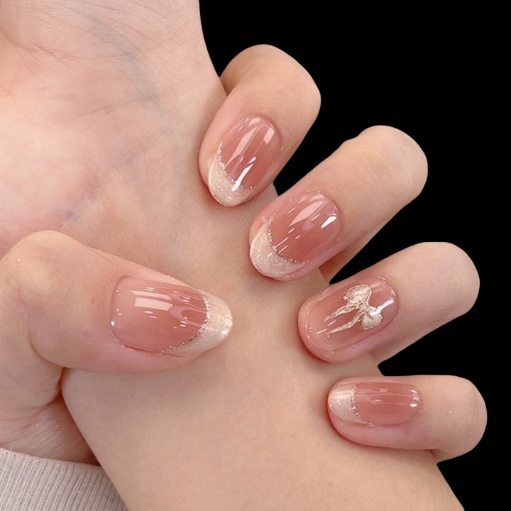 Early Autumn New Style Ice-Clear Nude Color French-Style Ribbed Milk White Handmade Wearable Nails with Gentle Girly Bow Nail Art