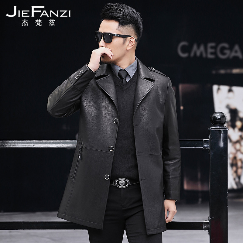 Autumn Winter New Henning Genuine Leather Leather Clothing Men's Middle Long Mountain Goat Leather Windsuit Casual Suit Deer Leather Tattooing Jacket-Taobao