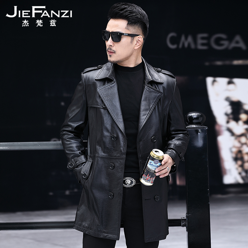 Real leather men's leather coat with long version of the body locomotive handsome and bull leather windsuit Youth trendy men's clothing casual jacket