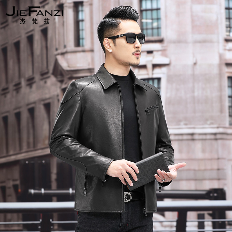 Leather leather jacket men's short lapel goatskin jacket slim spring and autumn new velvet motorcycle jacket