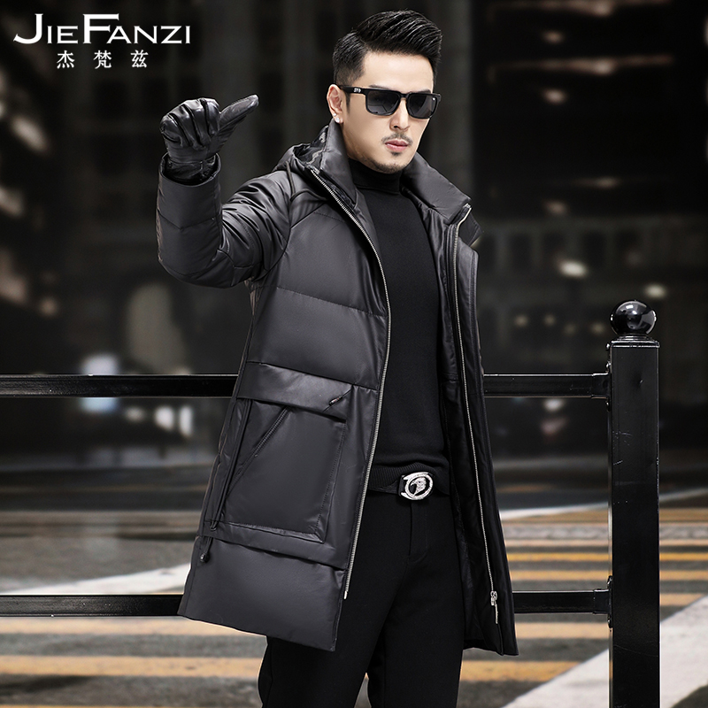 Henning genuine leather down jacket male mid-length white goose down head layer calf leather calf leather coat with cap winter thickened jacket-Taobao