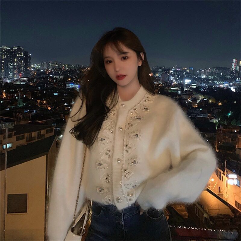 MAJE KARA Mink velvet heavy industry beaded outer wear autumn and winter sweet light luxury knitted sweater cardigan feminine temperament