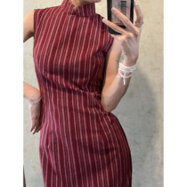 limponline | homemade high collar summer red striped long sleeveless new Chinese improved cheongsam