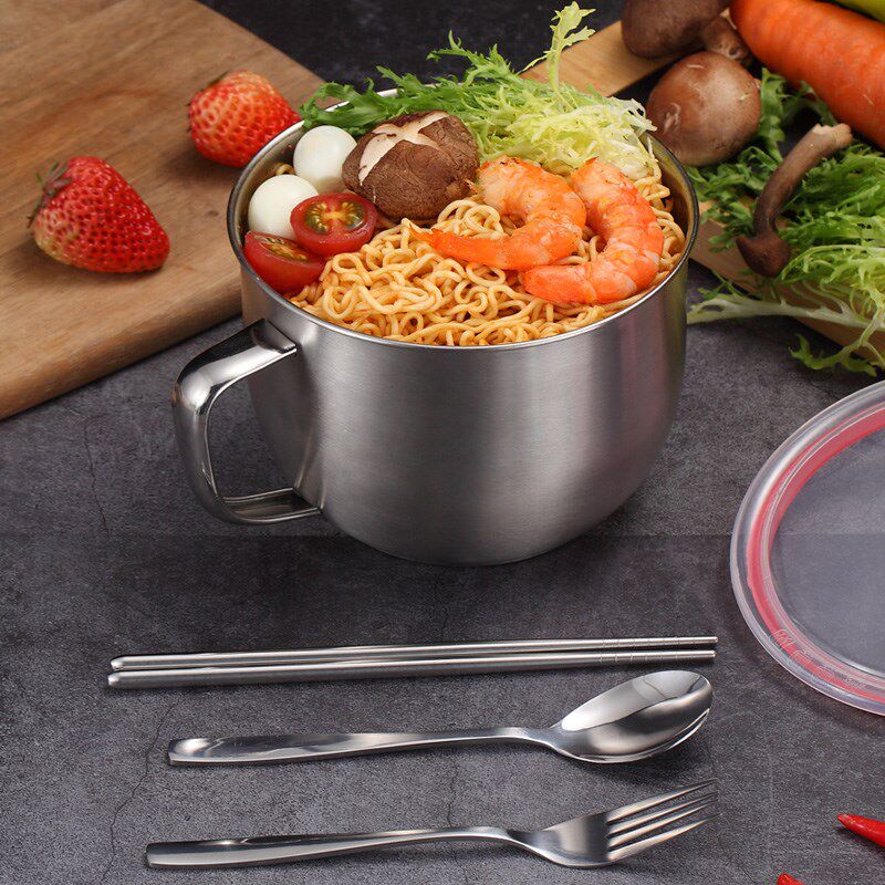 Not embroidered bowl with covered stainless steel foam noodles bowl with lid student large number of soup rice bowls creative with cutlery home suit