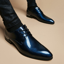 Tide brand business leather shoes mens leather British youth bright leather formal lace-up Korean version of black pointed inner increase mens shoes