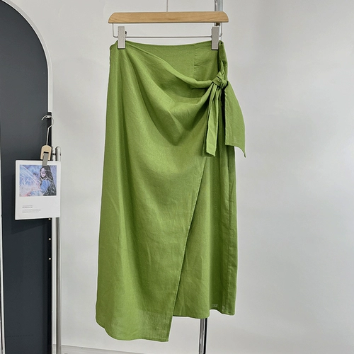 Зеленая юбка, французский стиль, высокая талия, по фигуре, из хлопка и льна