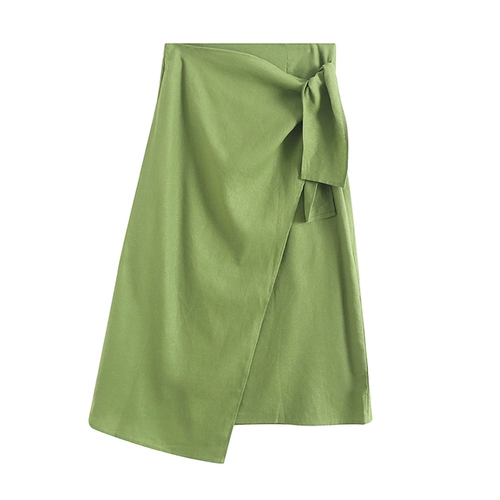 Зеленая юбка, французский стиль, высокая талия, по фигуре, из хлопка и льна
