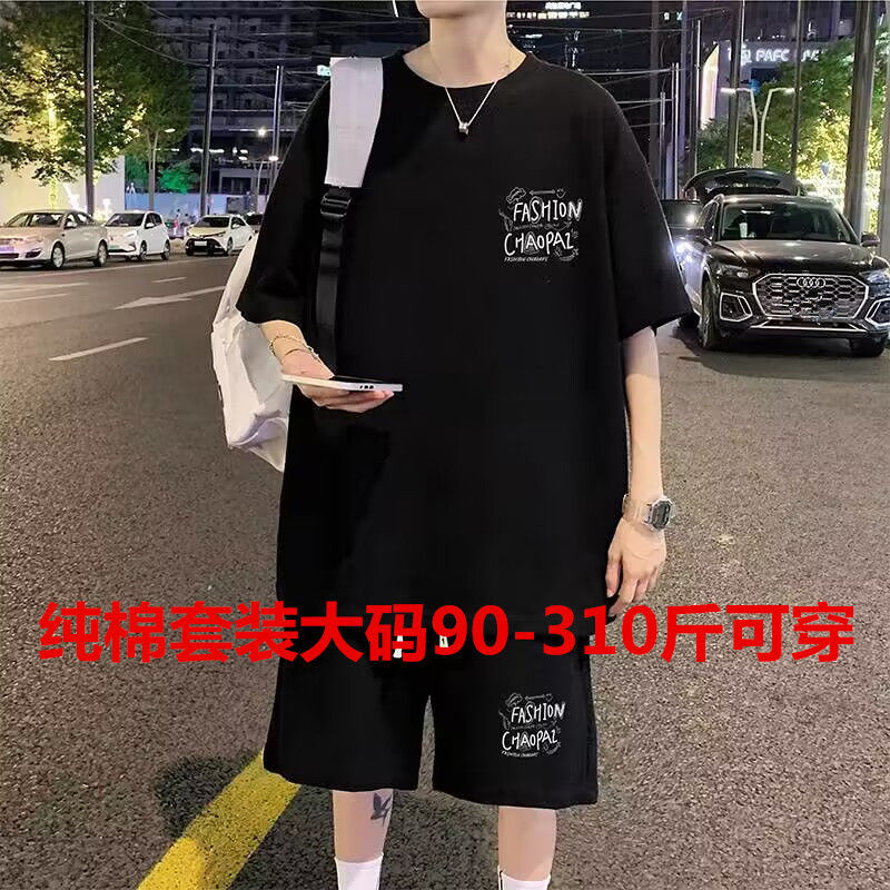 Pure Cotton Large Size Short-Sleeved Shorts Two-Piece Suit for Men's Summer Casual Sports 2025 New Style with a Set of Men's Clothing