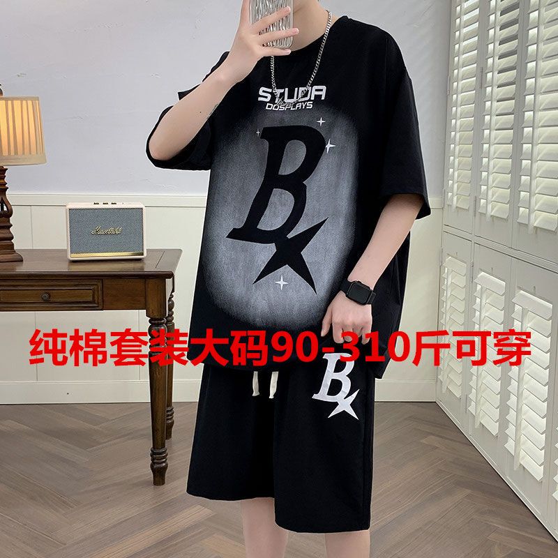 150kg Pure Cotton Sports Suit Short-Sleeved T-Shirt Men's Summer Thin Plus Fat Plus Size Student Sports Running Clothing