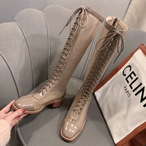 Summer Boots Female Net Red Overdraft Air High Cylinder Boots Summer Net Boots Thin leather mesh yarn hollowed-out square head coarse heel boots