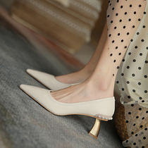 Pointed Mary Rare Shoes Retro Pearl Method High Heel Shoes 100 Hitch Shallow Mouth Single Shoe Genuine Leather Slim heel 5 cm Wedding Shoes