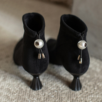 chic short boots female frosted pointed thin heels soft leather small heels apricot color cat with single boots