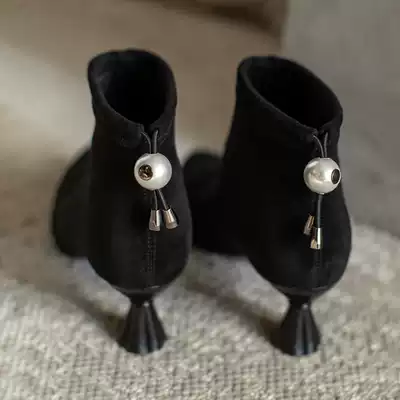 chic short boots female frosted pointed thin heels soft leather small heels apricot color cat with single boots