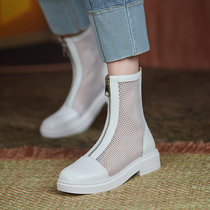 White short boots female summer breathable thin web yarn hollowed-out boots 100 lapped small code Martin boots genuine leather boots big code