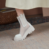 White Martin Boots Woman Summer Breathable Thin 100 hitch Leather Short Boot Mesh Veil Hollowed-out Cool Boots Thick Base Summer Net Boots
