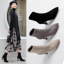 Net red short boots Womens Spring and Autumn single boots pointed thin heels Joker boots winter elastic thin boots high heel socks boots