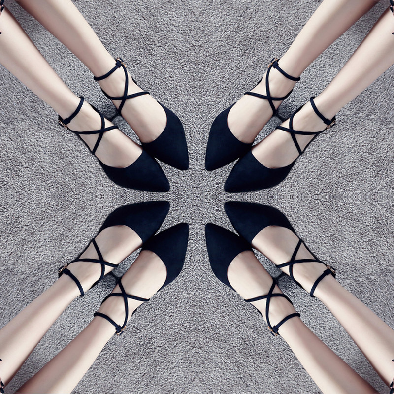 Small frescoed high heel shoe chic coarse heels Fairy Spring Autumn Season Hollow 100 Lap Strap 2021 New Pointy Bag Shoes Woman