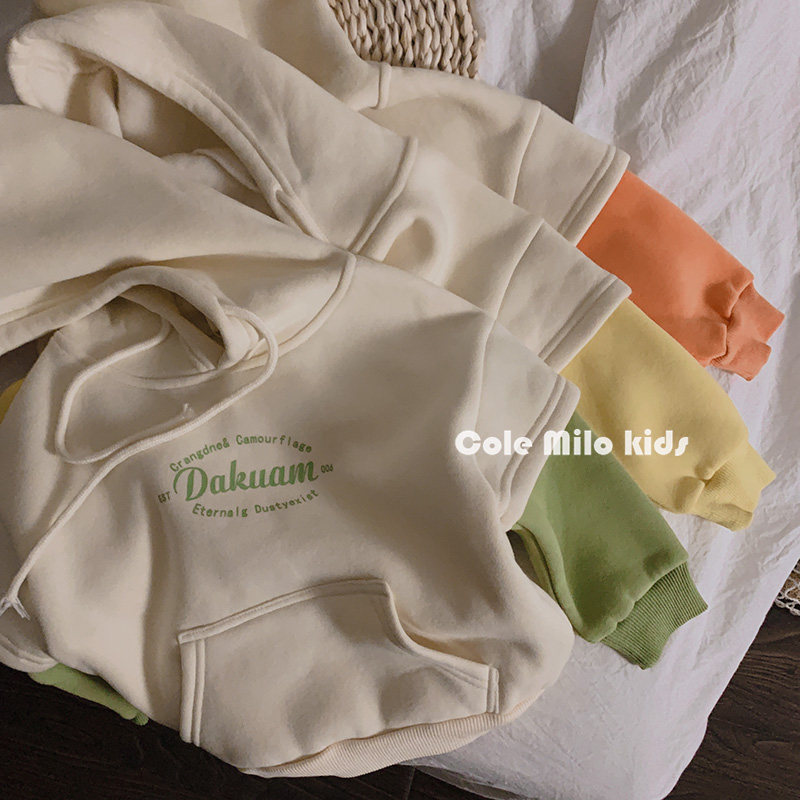 Girls' thick T-shirt all-in-one velvet 2021 autumn and winter plus velvet children's fake two-piece boys' Western style top hooded Korean children's clothing